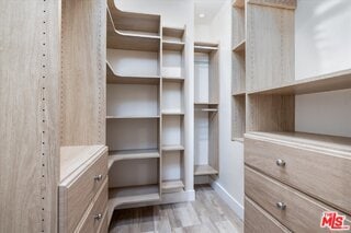 spacious closet with light hardwood / wood-style flooring