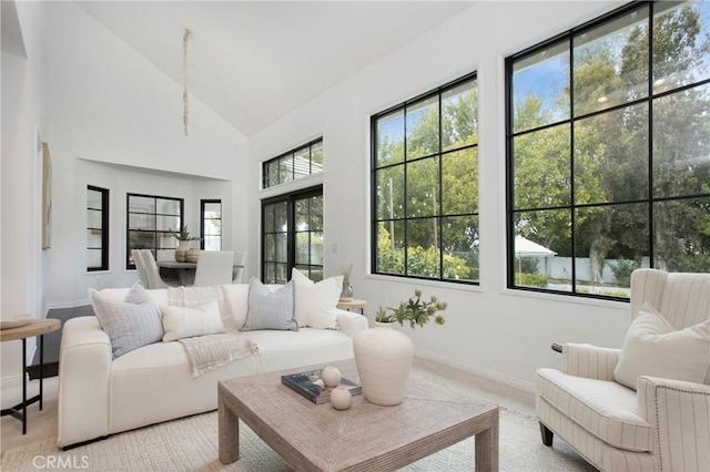 living room featuring high vaulted ceiling