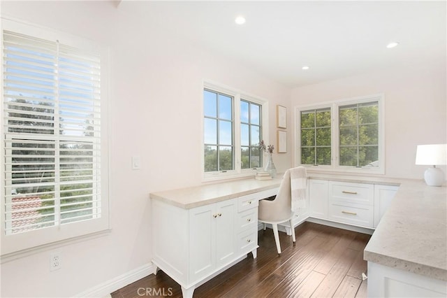 home office featuring dark hardwood / wood-style floors and built in desk