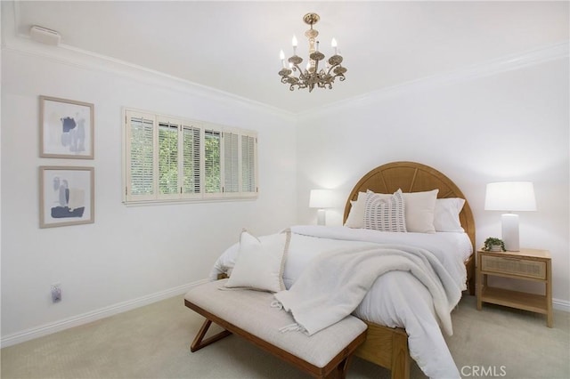 carpeted bedroom with ornamental molding and a notable chandelier