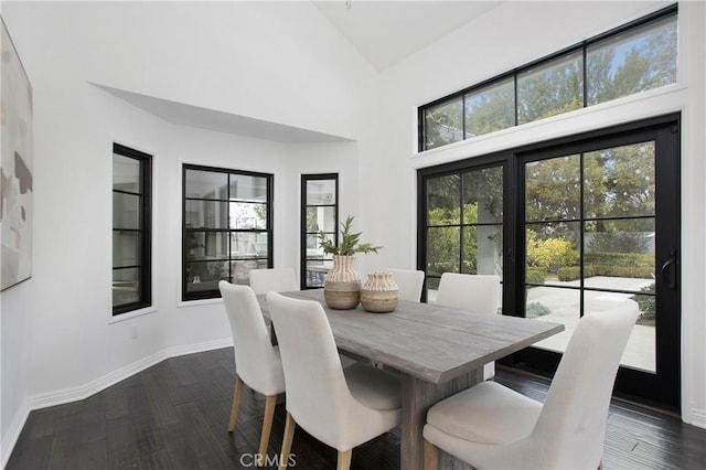 dining space with dark hardwood / wood-style flooring and high vaulted ceiling