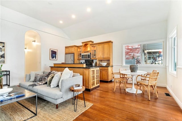 living room featuring vaulted ceiling and light hardwood / wood-style flooring