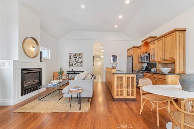 living room with vaulted ceiling, sink, and light wood-type flooring