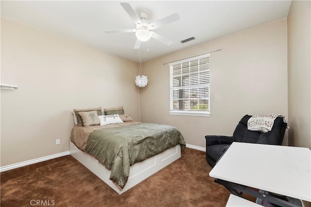 bedroom featuring dark carpet and ceiling fan