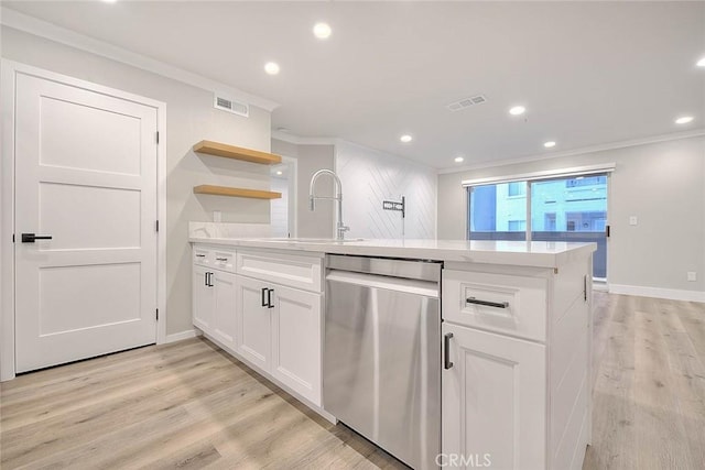 kitchen with sink, white cabinetry, crown molding, dishwasher, and light hardwood / wood-style floors