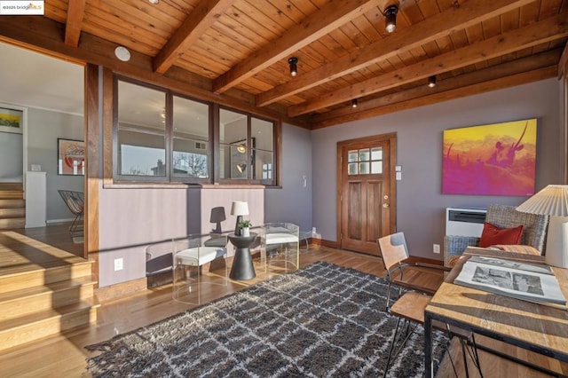 living room featuring beam ceiling, wood-type flooring, and wood ceiling