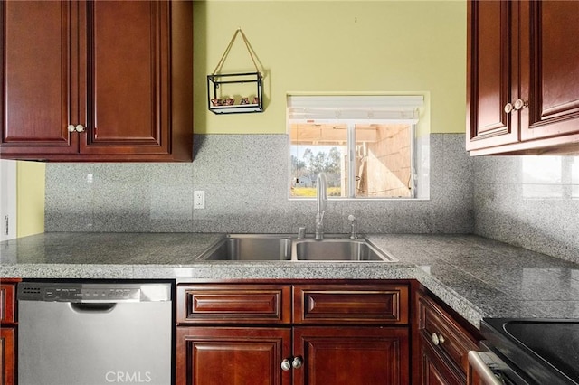 kitchen with sink, stainless steel dishwasher, and backsplash