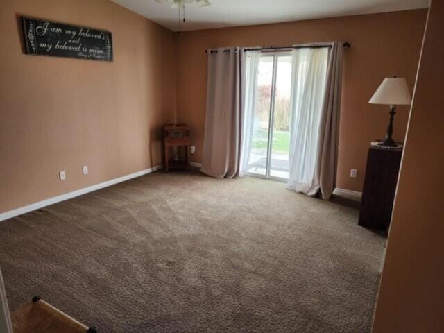 unfurnished room with ceiling fan and carpet