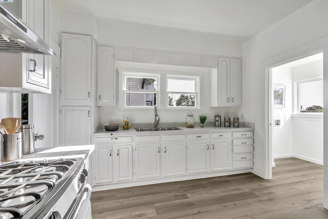 kitchen featuring sink, extractor fan, white cabinetry, wood-type flooring, and a wealth of natural light