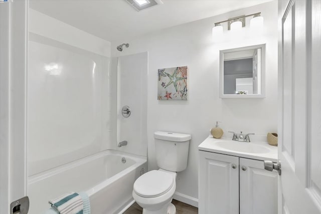 full bathroom with washtub / shower combination, vanity, and toilet