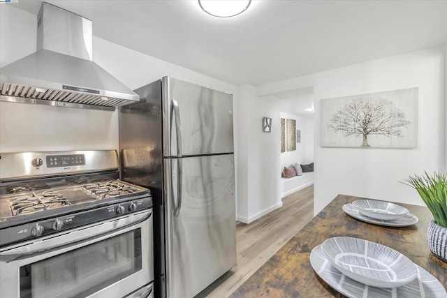 kitchen featuring island range hood, light hardwood / wood-style flooring, and appliances with stainless steel finishes