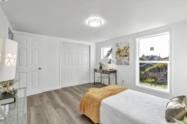 bedroom featuring light wood-type flooring and a closet