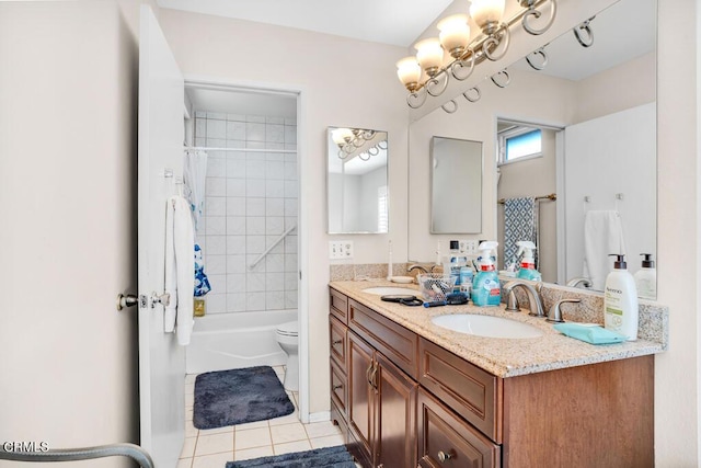 full bathroom featuring shower / tub combo, vanity, toilet, and tile patterned flooring