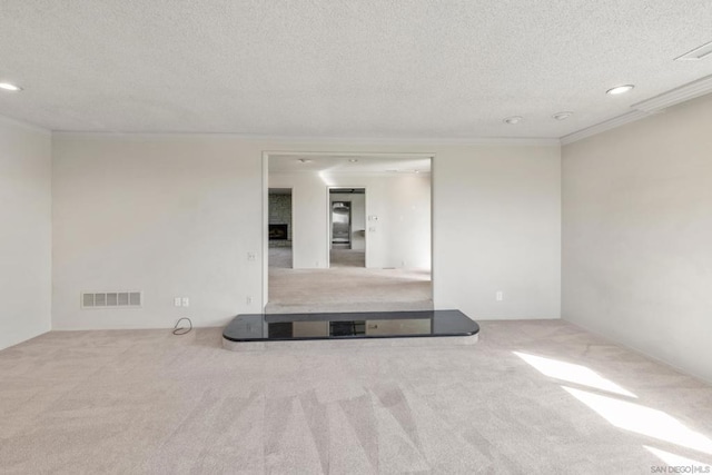 empty room featuring light carpet, crown molding, and a textured ceiling