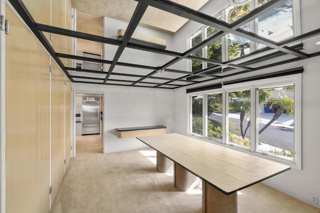 unfurnished dining area featuring light colored carpet