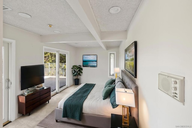 bedroom with coffered ceiling, light carpet, a textured ceiling, beamed ceiling, and access to exterior