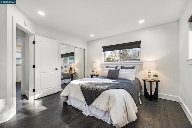 bedroom with dark wood-type flooring, multiple windows, and a closet