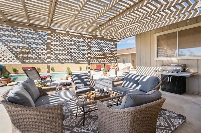 view of patio / terrace with grilling area, a fenced in pool, fence, an outdoor hangout area, and a pergola