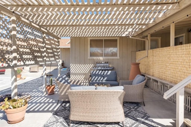 view of patio featuring outdoor lounge area and a pergola