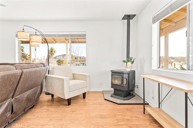 sitting room with a wood stove and light hardwood / wood-style floors