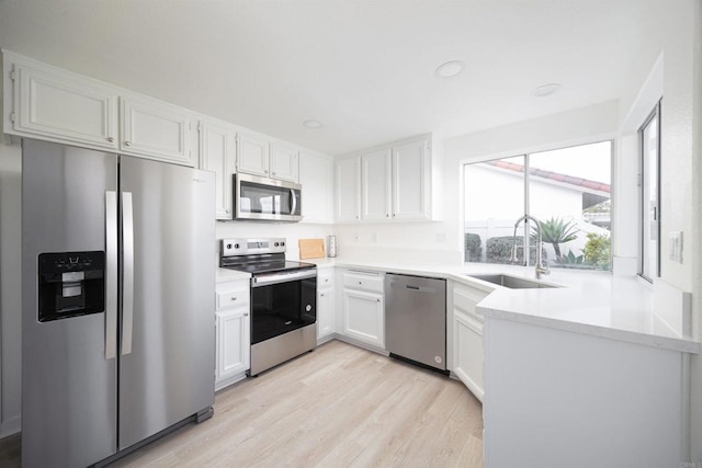 kitchen featuring sink, stainless steel appliances, white cabinets, and light wood-type flooring