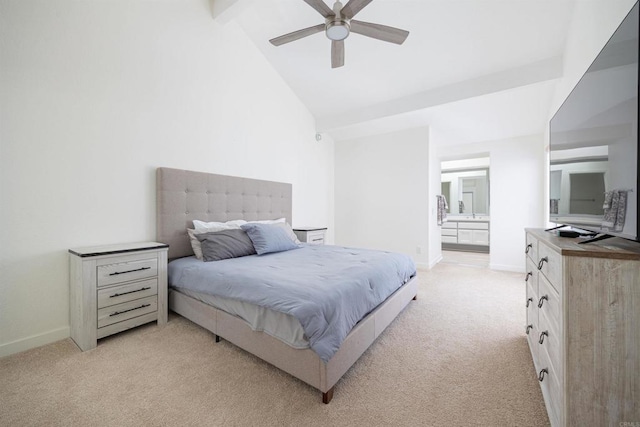 carpeted bedroom with beamed ceiling, ceiling fan, high vaulted ceiling, and ensuite bath