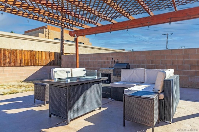 view of patio featuring grilling area, an outdoor living space, and a pergola