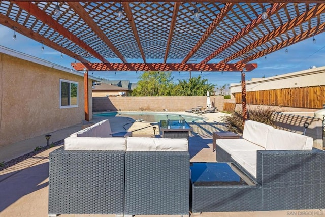 view of patio / terrace featuring a fenced in pool, an outdoor hangout area, and a pergola