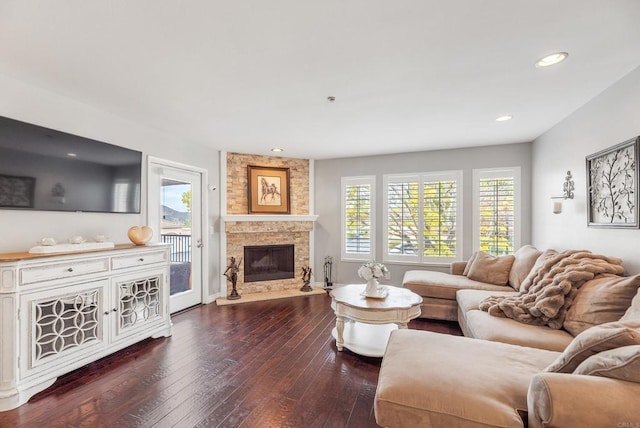 living room featuring dark wood-type flooring and a fireplace