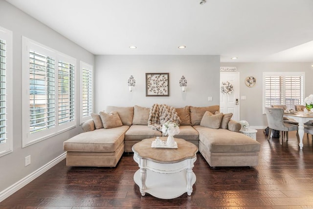 living room featuring a healthy amount of sunlight and dark hardwood / wood-style floors