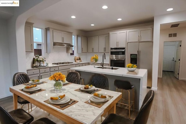 kitchen with a kitchen bar, sink, a center island with sink, appliances with stainless steel finishes, and backsplash