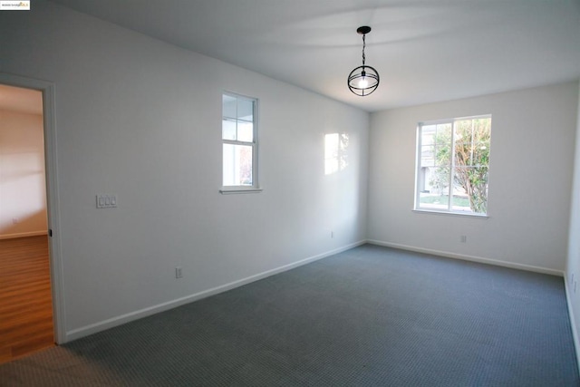 empty room featuring a wealth of natural light and dark colored carpet