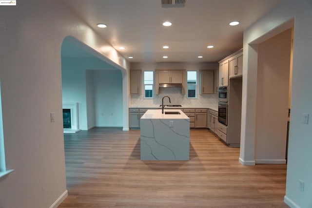 kitchen featuring gray cabinetry, light stone counters, light wood-type flooring, an island with sink, and backsplash