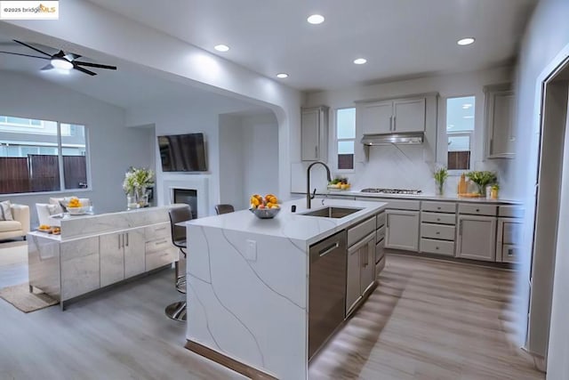 kitchen with appliances with stainless steel finishes, gray cabinets, sink, and a center island with sink