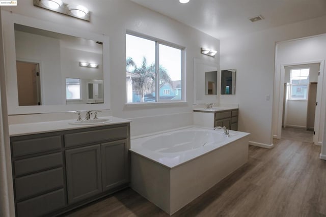 bathroom featuring vanity, hardwood / wood-style floors, and a washtub