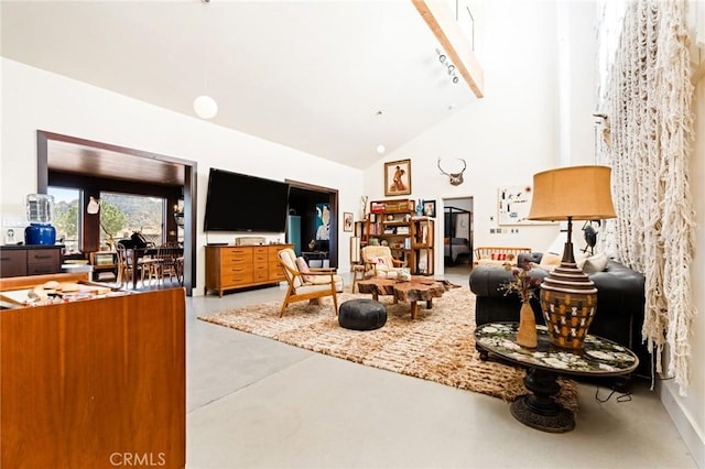 living room featuring rail lighting and high vaulted ceiling