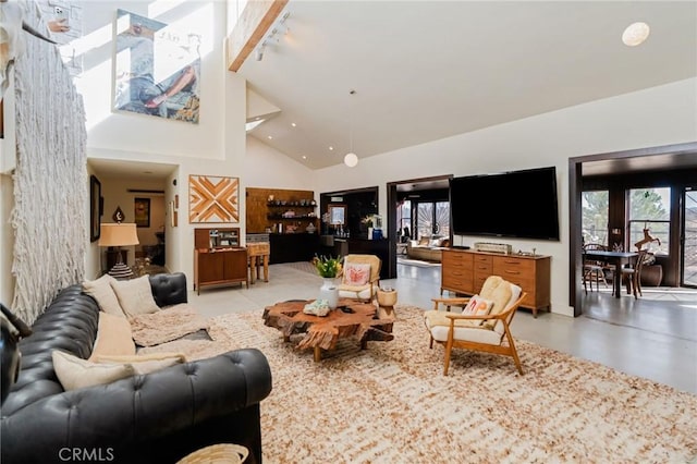 living room with high vaulted ceiling and rail lighting