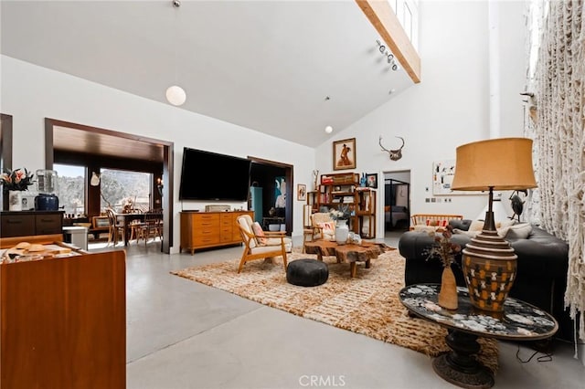 living room with concrete floors and high vaulted ceiling