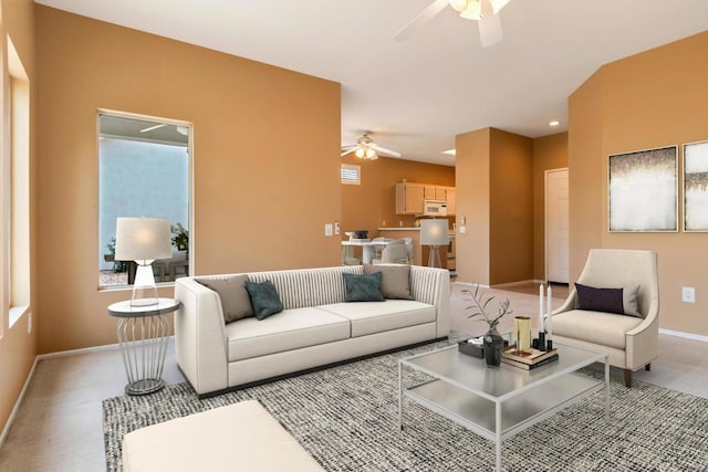 living room featuring lofted ceiling and ceiling fan