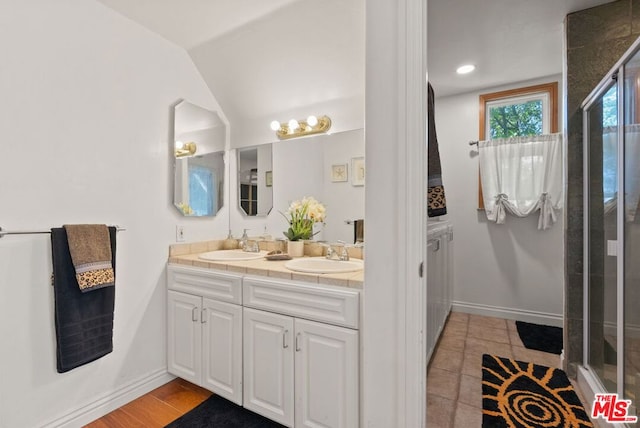 bathroom featuring vanity, vaulted ceiling, and a shower with door