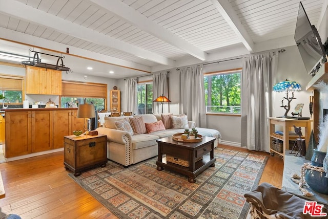 living room with wood-type flooring, wood ceiling, and beam ceiling