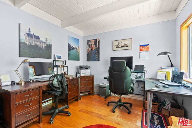 home office featuring beamed ceiling, wooden ceiling, and light hardwood / wood-style floors