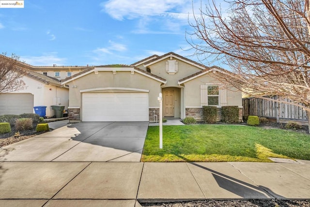 ranch-style home with a garage and a front lawn