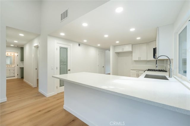 kitchen featuring sink, light hardwood / wood-style floors, kitchen peninsula, and white cabinets