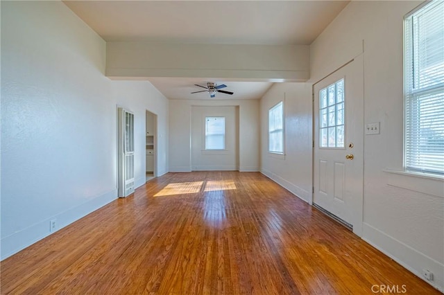 entryway with ceiling fan, a healthy amount of sunlight, and wood-type flooring