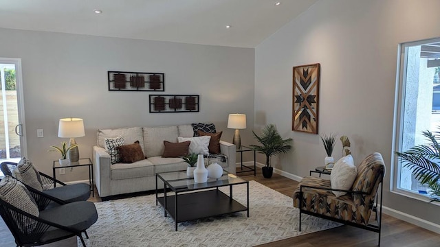 living room featuring wood-type flooring and vaulted ceiling