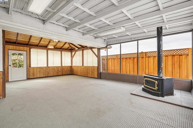 interior space with a wood stove