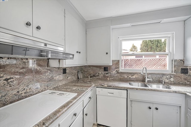 kitchen with sink, white appliances, decorative backsplash, and white cabinets