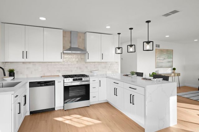 kitchen featuring appliances with stainless steel finishes, sink, white cabinets, kitchen peninsula, and wall chimney range hood