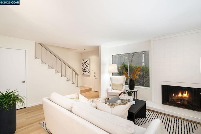 living room featuring a large fireplace and light hardwood / wood-style flooring